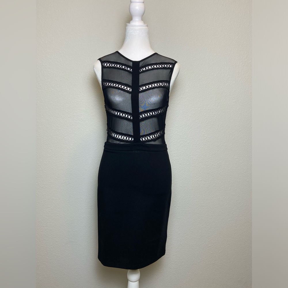 Black woman sleeveless sheer bodycon knee length dress open work sexy size M